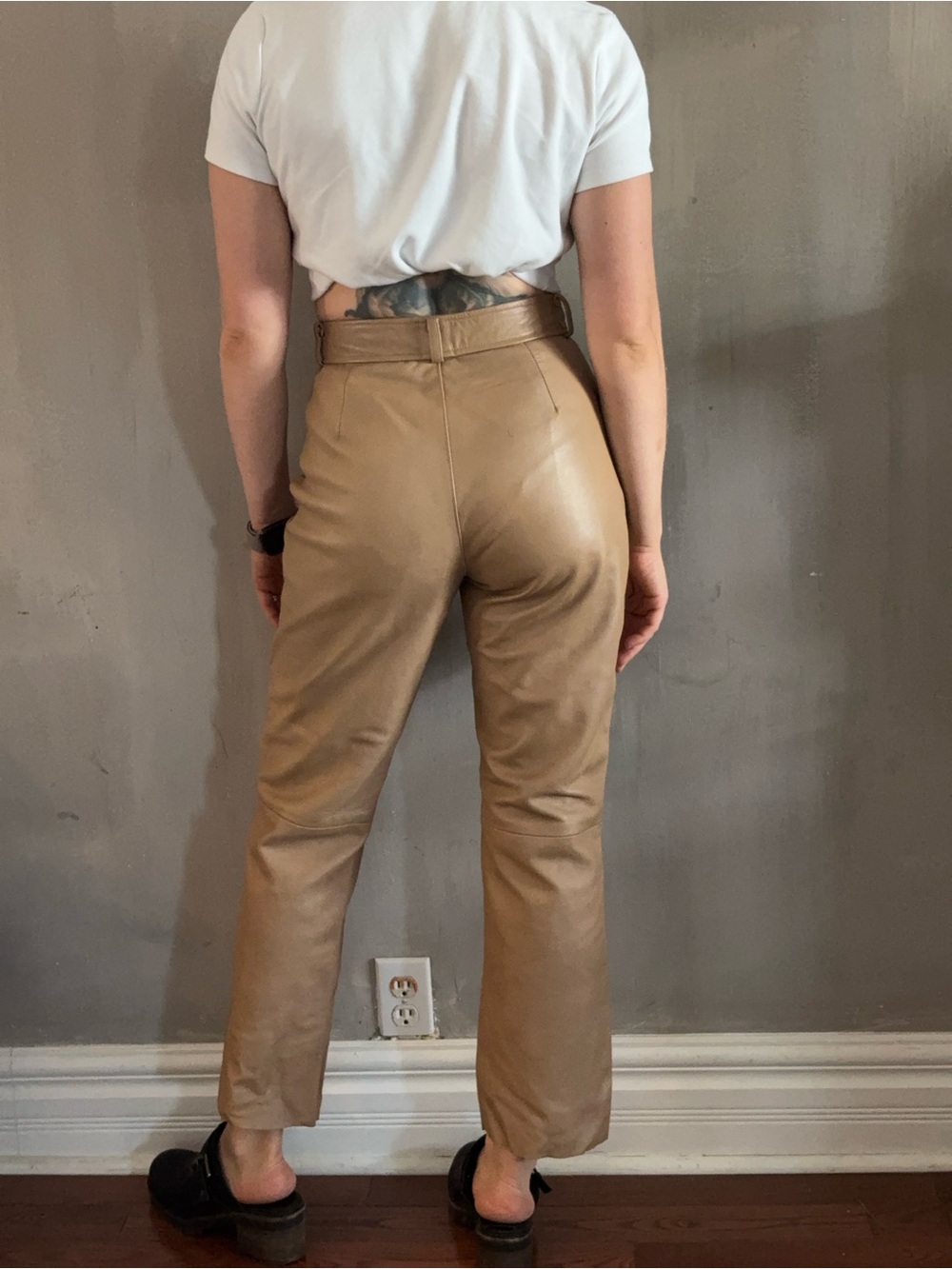 Vintage Genuine Leather Straight-Leg Pants- Tan